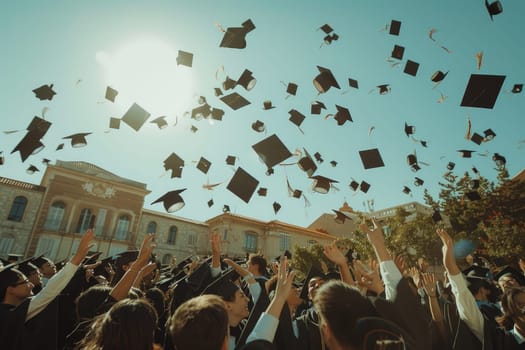 Group of university students in black gowns, throwing up their hats in the air