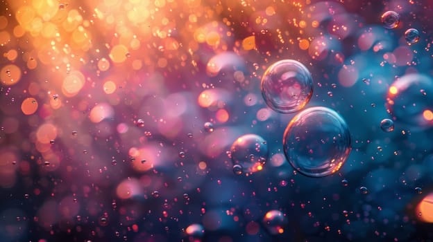 This picture shows bubbles floating in the air, captured with a blurred effect. The bubbles appear to be moving and dispersing in various directions.