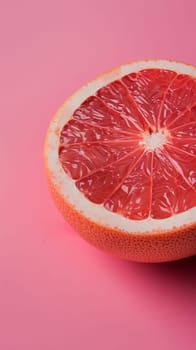 A grapefruit cut in half, revealing its juicy flesh and seeds, placed on a vibrant pink background. The citrus fruit is fresh and vibrant, with a bold contrast against the soft pink surface.