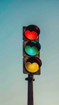 Traffic light with heart shapes in red, green, and yellow