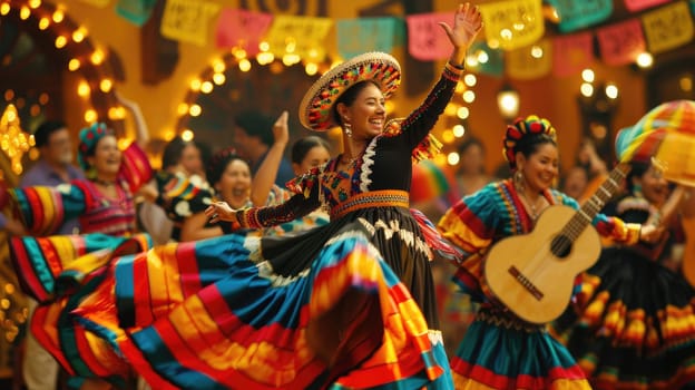 celebrations of Cinco de Mayo with an image of traditional folk dancers performing intricate dances in vibrant costumes. an image of a mariachi band performing lively music, their instruments echoing the rhythms of Mexico.