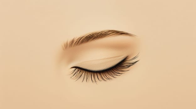 Artistic representation of a closed eye with detailed eyelashes on a beige background