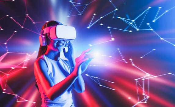 Smart female standing in cyberpunk style building in meta wear VR headset connecting metaverse, future cyberspace community technology, Woman use finger touching virtual reality object. Hallucination.