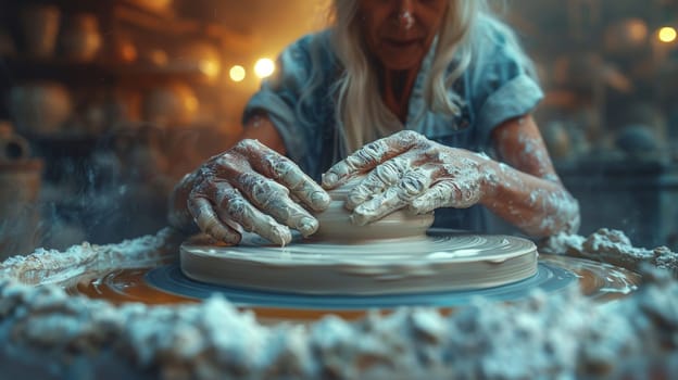 A woman is seated at a pottery wheel, shaping a bowl out of clay with her hands. The clay spins as she molds the perfect shape. Her focused expression indicates her attention to detail in this creation process.