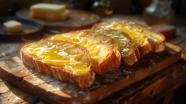 Slices of bread with honey on wooden board.