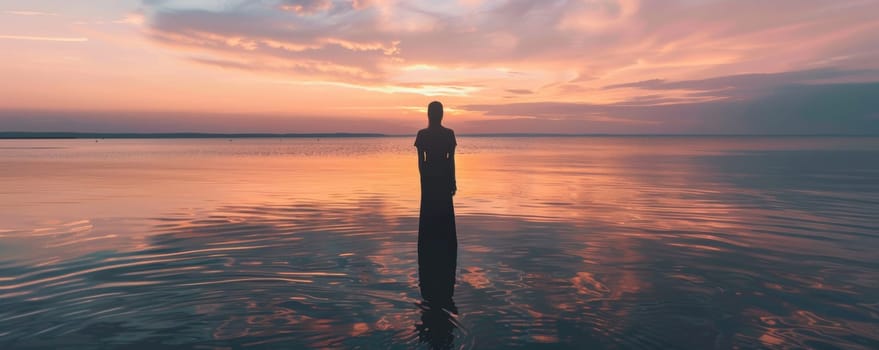 Silhouette of a woman standing in the sea at sunset