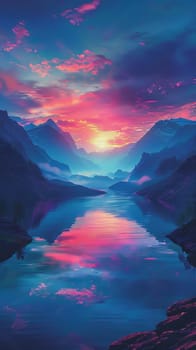 A painting of a beautiful sunset over a lake.