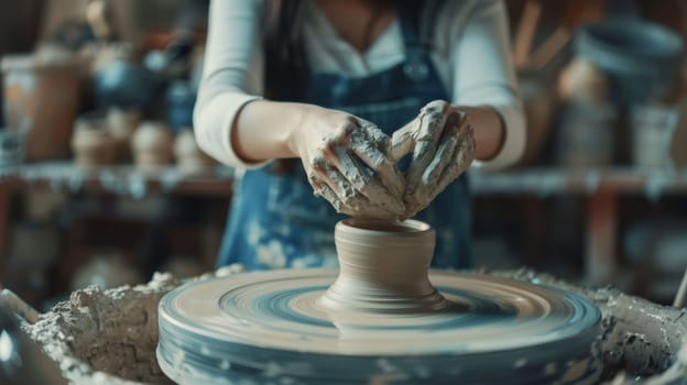 Potter shaping a clay pot on the wheel.