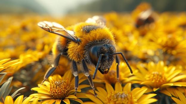 A close-up view of a bee perched on a vibrant flower, extracting nectar from its center using its long proboscis. The bees fuzzy body and intricate wings are clearly visible in the shot.