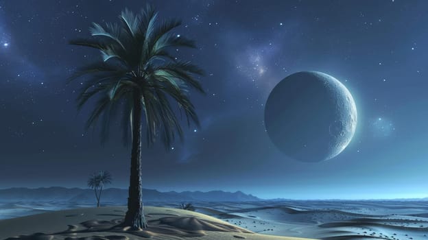 Desert landscape at night with palm trees under a starry sky and a large moon