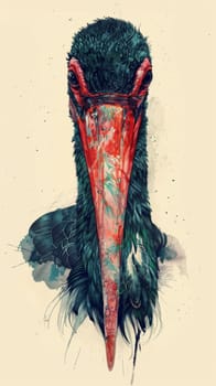 Colorful illustration of a bird with a long red beak and detailed feathers