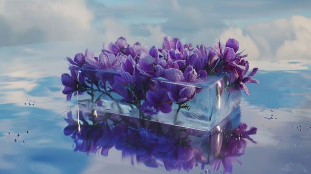 A cluster of purple flowers gently floating on the waters surface. The delicate petals bobbing in the gentle ripples, creating a serene and beautiful scene.