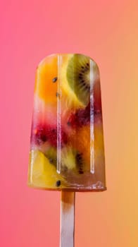 A vibrant popsicle filled with chunks of assorted fruits rests on a colorful background blending shades of pink and yellow. The fruits are visible through the transparent popsicle, creating a mouth-watering display.