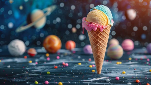 Ice Cream in Waffles Cone with Planets Background.
