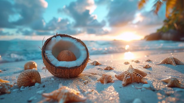 Coconut and seashells on a tropical beach at sunset