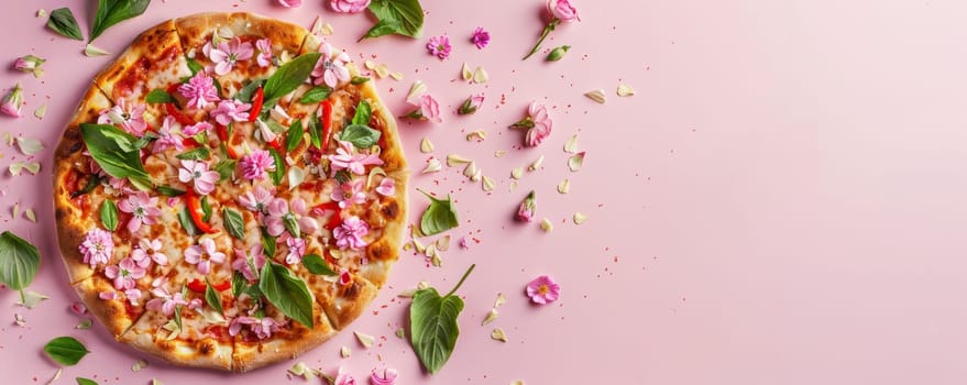 Pizza topped with flowers on pink background.