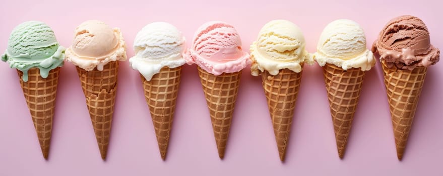 Row of ice cream cones on pink background.