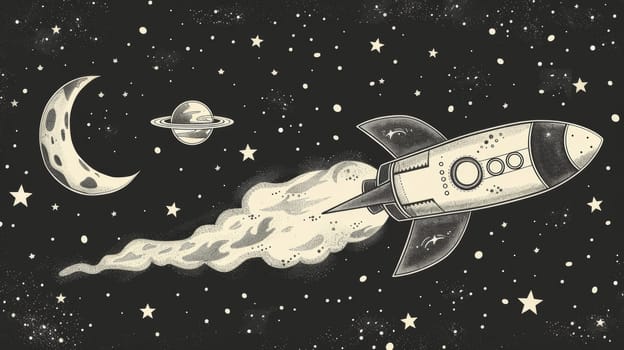 Vintage rocket flying through starry space with planets