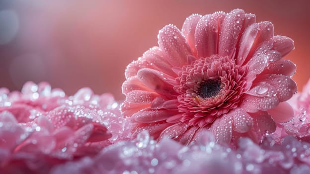 Pink gerbera flower with water droplets.