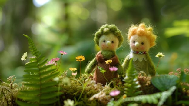 Two felt dolls in a lush forest setting with colorful flowers