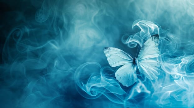 Blue butterfly with abstract smoke swirls.