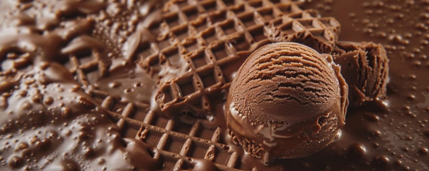 A chocolate ice cream cone is placed on top of a freshly baked waffle, creating a delicious and tempting dessert. The creamy texture of the ice cream contrasts with the crispy waffle, making it a perfect treat for ice cream lovers.