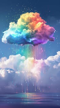 A rainbow-colored cloud drifts in the sky, its vibrant hues contrasting against the deep blue ocean below. The cloud appears to be suspended above the water, creating a striking visual spectacle in the atmosphere.