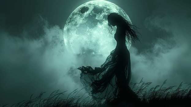 Silhouette of a woman against a full moon in a misty night