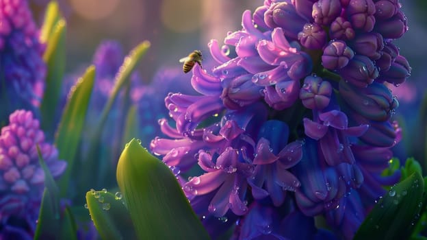 Bee approaching a dew-covered hyacinth flower at sunrise