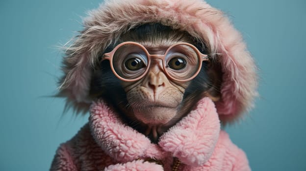 A monkey is wearing stylish glasses and a vibrant pink coat in this scene. The monkey looks curious, playful, and fashionable, adding a unique touch to the environment.