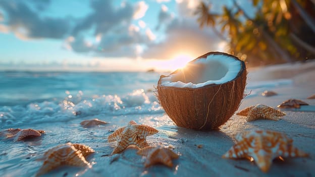 Coconut and starfish on a sandy beach at sunset
