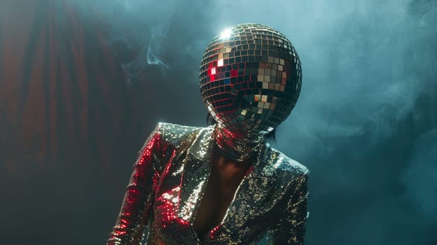 A person wearing a shiny suit stands with a disco ball balanced on their head, creating a quirky and eye-catching display at a party or event. The individual appears to be embracing the energetic spirit of a disco-themed celebration.