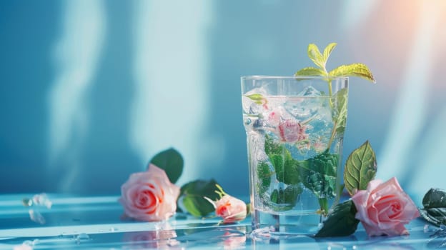 Glass of water with pink roses and mint on a blue background