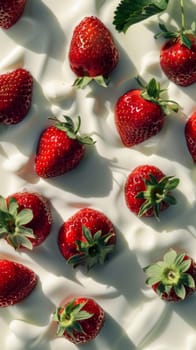 A close-up view of vibrant red strawberries arranged on a clean white surface. The strawberries appear fresh and ripe, with their seeds and green stems visible.
