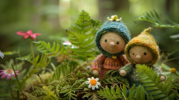 Handmade dolls seated among lush green ferns and colorful wildflowers