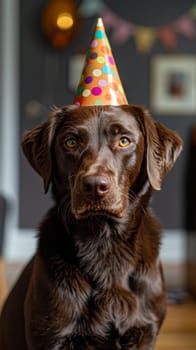 A brown dog is seen wearing a colorful party hat on its head. The dog is sitting in a playful pose, looking adorable and ready for a celebration.