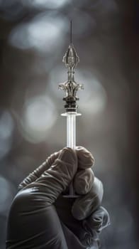 Ornate silver syringe held in gloved hands