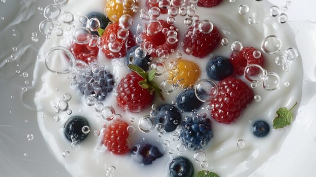 Fresh berries in milk with bubbles.