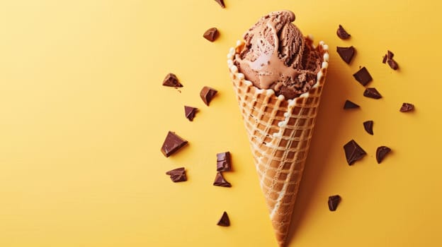 An ice cream cone with chocolate chunks scattered on top sits against a vibrant yellow backdrop. The cone is filled with creamy vanilla ice cream, topped with generous chunks of rich chocolate.