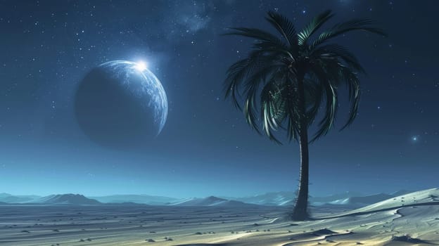 Lone palm tree on a desert planet with a large moon in the background