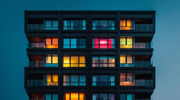 Modern apartment building facade at twilight with illuminated windows
