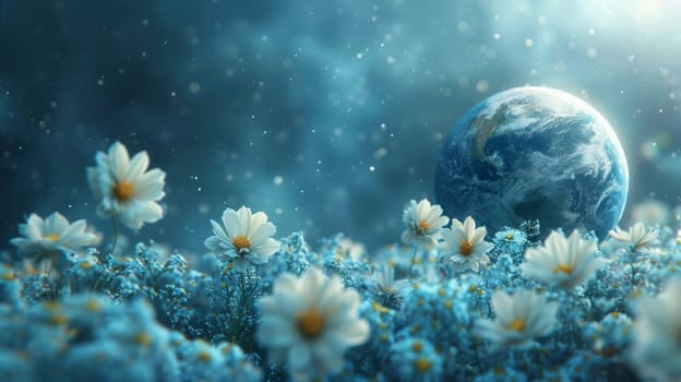 A depiction of the planet Earth surrounded by a ring of delicate white and yellow daisies on a clear background. The daisies encircle the Earth, creating a visually striking contrast between the vibrant flowers and the blue and green globe.