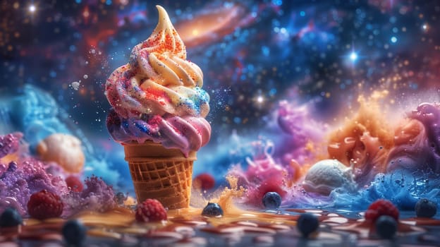 A vibrant ice cream cone covered in multicolored sprinkles, creating a visually appealing treat that is sure to satisfy any sweet craving. The cone is held upright, showcasing the colorful assortment of toppings against a plain background.
