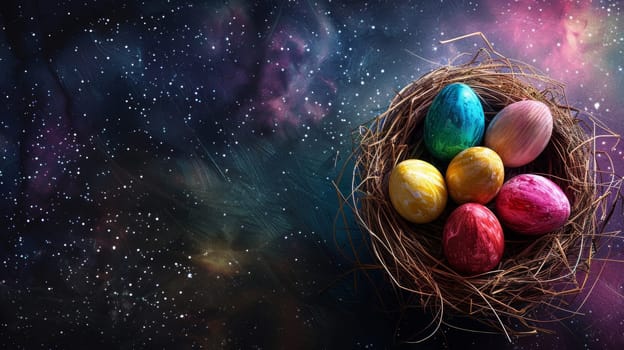 Colorful Easter eggs in a nest with cosmic background.