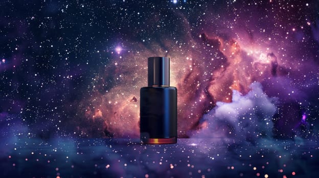 Perfume bottle against a cosmic background.
