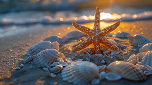 Starfish and seashells on sandy beach at sunset