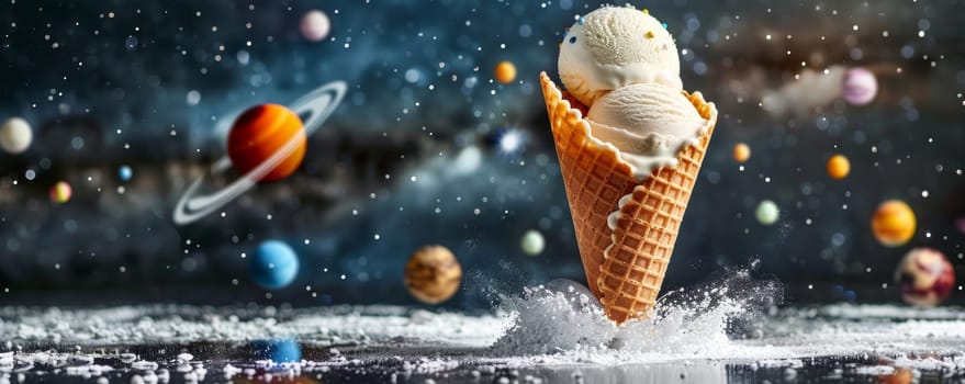 An ice cream cone sitting on a surface with another smaller ice cream cone balanced carefully on top of it. The cones are filled with deliciously swirled ice cream, creating a whimsical and playful dessert.