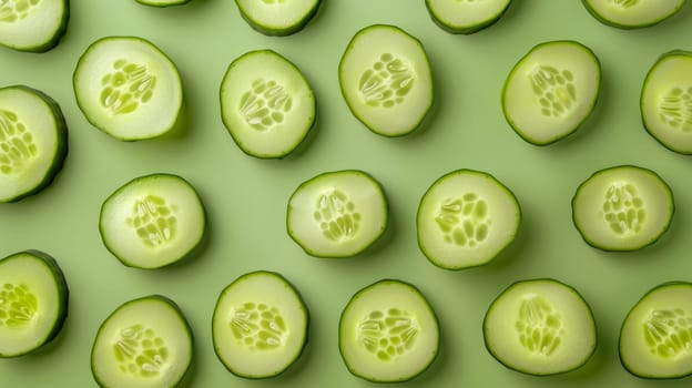Several cucumber slices are meticulously arranged in a pattern on a vibrant green background. The slices are evenly spaced, creating a visually appealing display of fresh produce.
