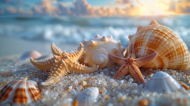 Starfish and seashells on the sandy beach at sunset