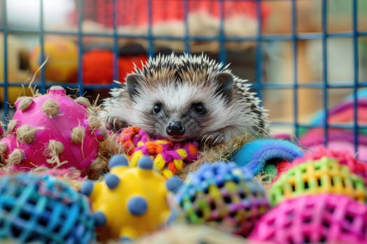 A happy hedgehog uncurled and exploring its playpen, filled with colorful toys and